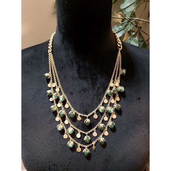 Women Gold Tone 3 Strand Olive Faux Pearls Coins Drop Statement Necklace Jewelry - Picture 1 of 7
